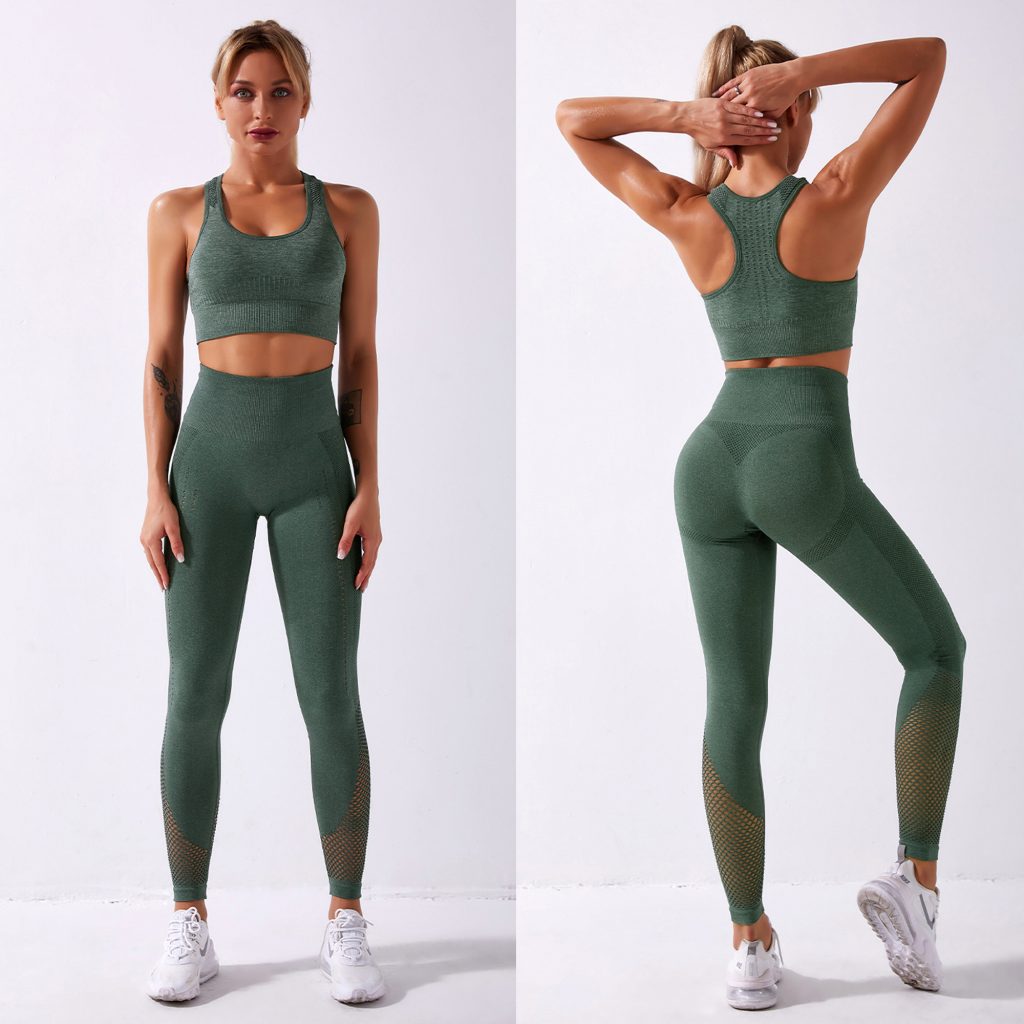 Women's Workout Outfit 2 Pieces Seamless Yoga Leggings with Sports Bra Dark Green