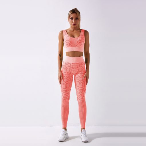 Women Seamless 2 Piece Workout Gym High Waist Leggings with Sport Bra Set-Pink