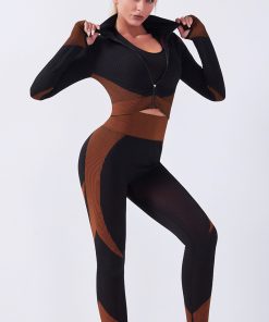Gym Sportswear Long Sleeve Crop Top and High Waist Seamless Leggings Black Orange