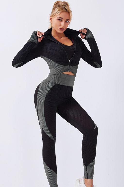 Gym Sportswear Long Sleeve Crop Top and High Waist Seamless Leggings Black Grey