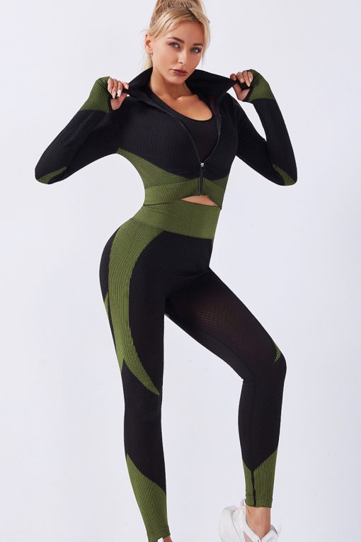 Gym Sportswear Long Sleeve Crop Top and High Waist Seamless Leggings Black Green