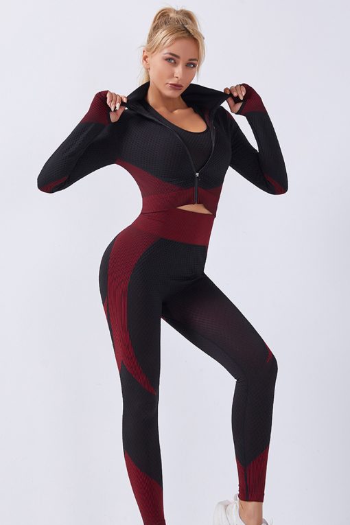 Gym Sportswear Long Sleeve Crop Top and High Waist Seamless Leggings Black Red