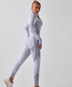 Gym Sportswear Long Sleeve Crop Top and High Waist Seamless Leggings White Grey