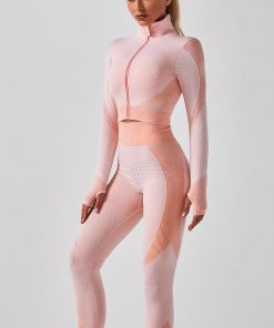 Gym Sportswear Long Sleeve Crop Top and High Waist Seamless Leggings Pink
